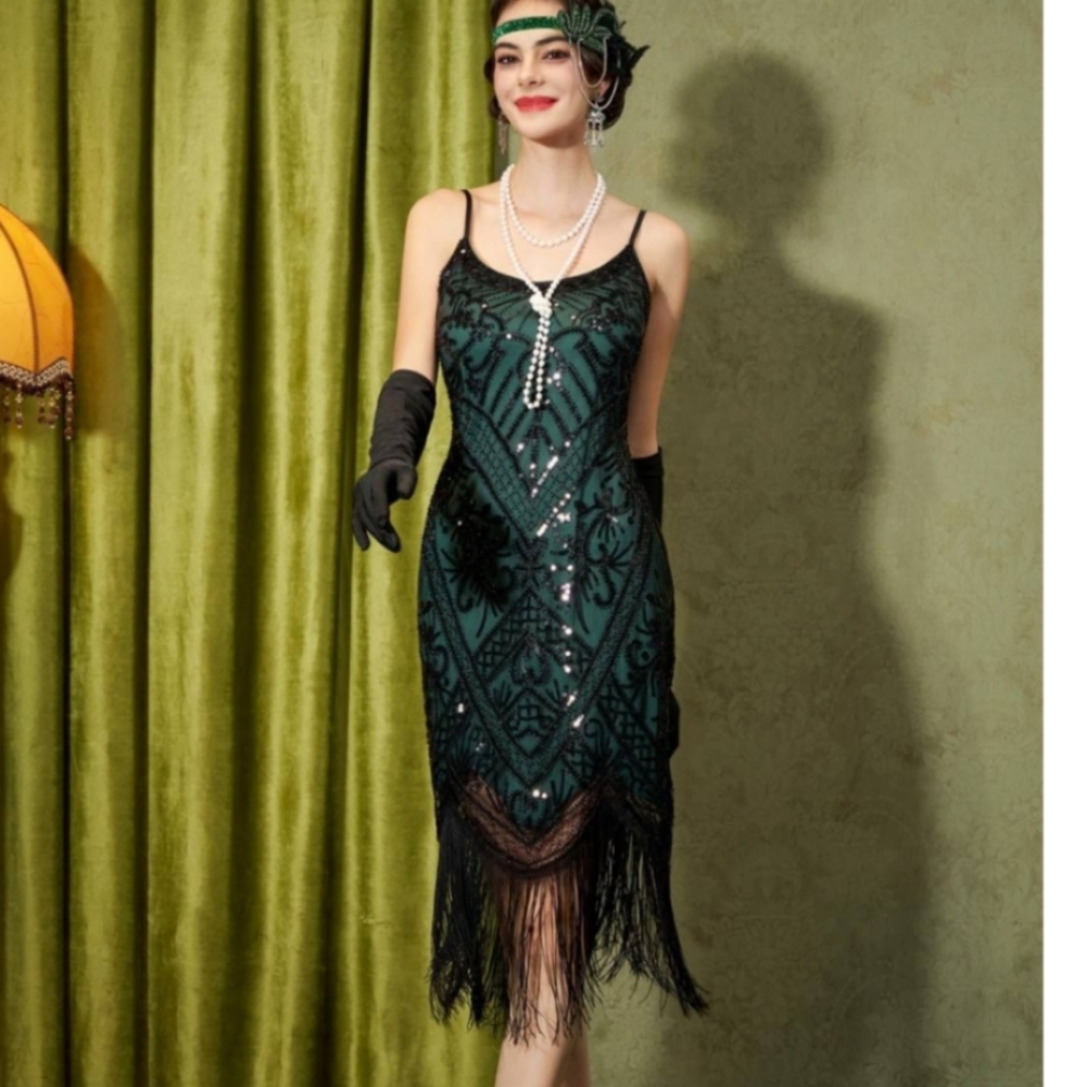 Yessa 1920s Gatsby Flapper Sequin Fringe Dress Emerald Green XL NWT